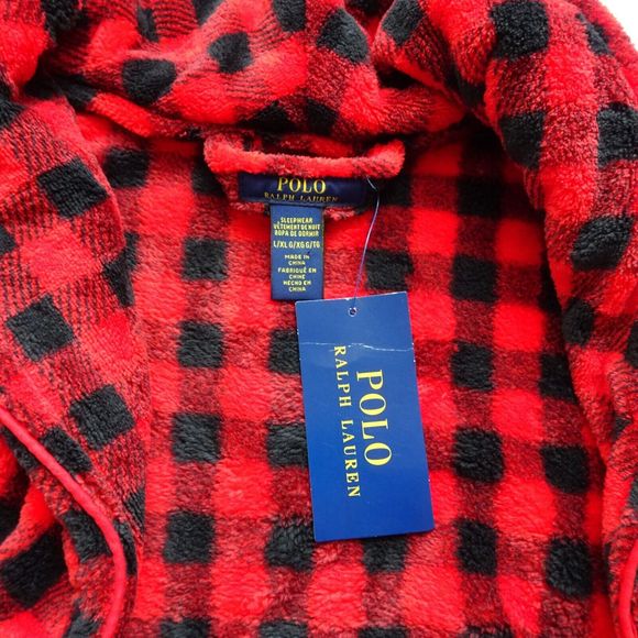 POLO RALPH LAUREN Men's Robe Sleep Fleece Plush Plaid Buffalo Red Black L/XL NWT - Picture 4 of 14